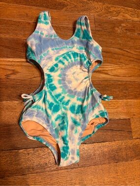 Crewcuts teal blue tie dye One-Piece Swimsuit with side window details.